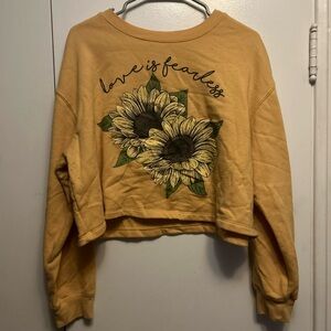 AWAKE Women's Long Sleeve Crew Neck Sunflower Print Cropped Sweatshirt SIZE: XL